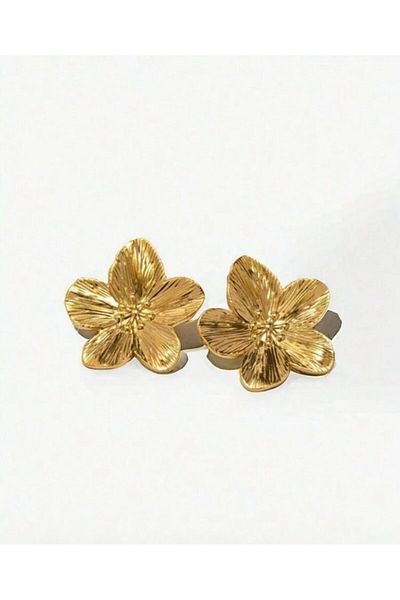 SE Jewellery Collection Selin Ersoy Women's Gold Colored Single Flower Shaped Nail Earrings – Shiny and Elegant Design
