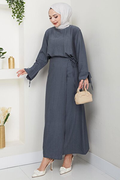 hafsamina Lace Detailed Skirt Suit Smoked Hm2724