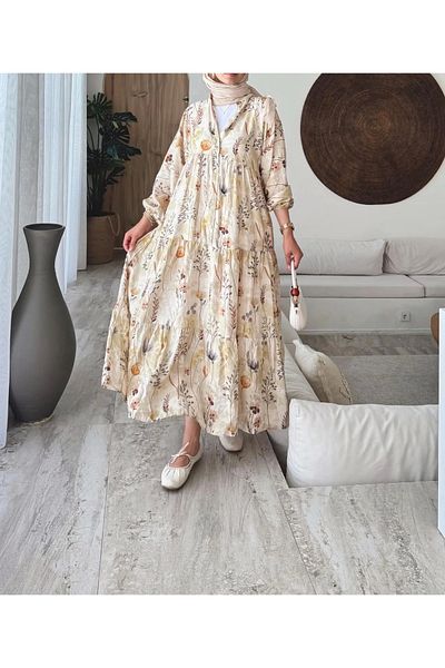 DEFNECE BUTİK Rana Floral Dress - Beige