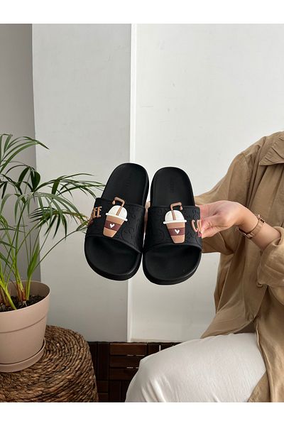 Behtah Kundura Non-Slip Sole Coffe Love Patterned Beach Pool Garden Cafeteria Daily Slippers