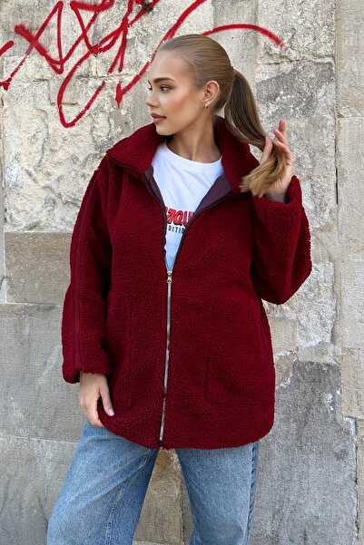 moda armanc Dik Yakalı Cepli Oversize Kadın Peluş Mont - Bordo