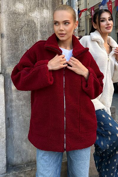 moda armanc Oversize Women's Plush Coat with Stand Collar and Pockets - Claret Red
