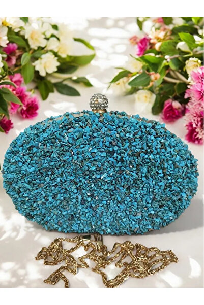 Jale Kadın Şık Kol Ve Omuz Clutch Portföy Turkuaz Taşlı Abiye Çanta