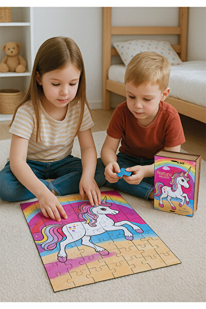 Natureplaydesign 🦄   بازل خشبي بطابع يونيكورن 70 قطعة - 32x42 سم |   لعبة تعليمية مع صندوق خشبي