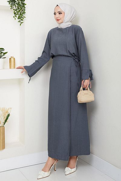 hafsamina Lace Detailed Skirt Suit Smoked Hm2724