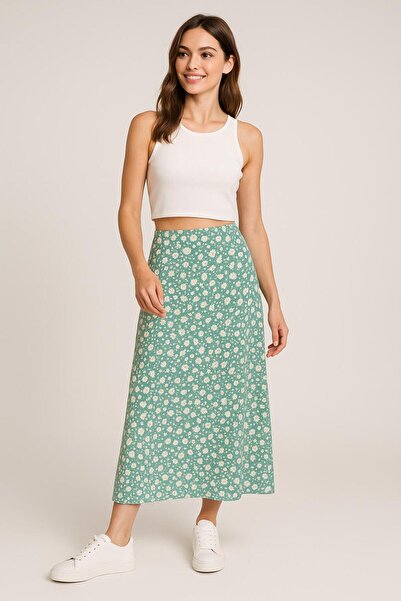 Green'DAL Fusta lungă cu model Daisy pentru femei, cu talie elastică