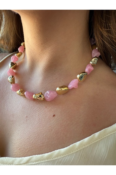 lotusbybuket Gold pembe doğal taşlı özel tasarım kolye(44+5cm)