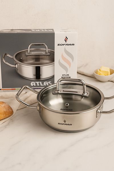 Sofram Yeşiltan Atlas Series 20 cm Flattened Pot – 1.80 L, 18/10 Stainless Steel, Induction Compatible