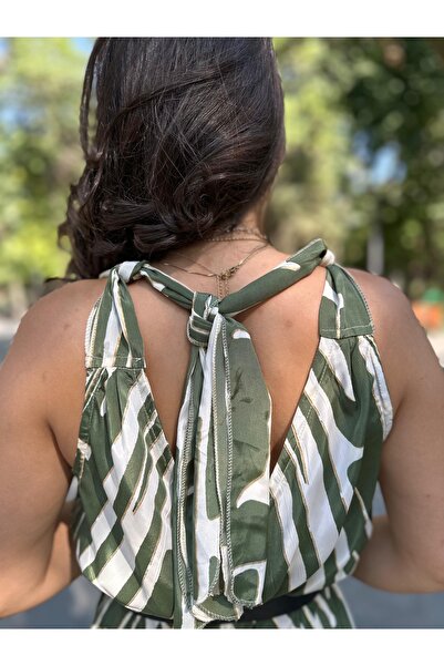 nidistore Women's Green Ecru Exotic Patterned Gold Gilded Straps Lace-Up Asymmetric Cut Wide Pasha Jumpsuit