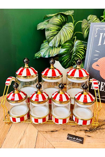 CASA DE BELLA Avangard 8 Piece Porcelain Glass Top Red White Spice Rack Set with Metal Stand-Casa De Bella