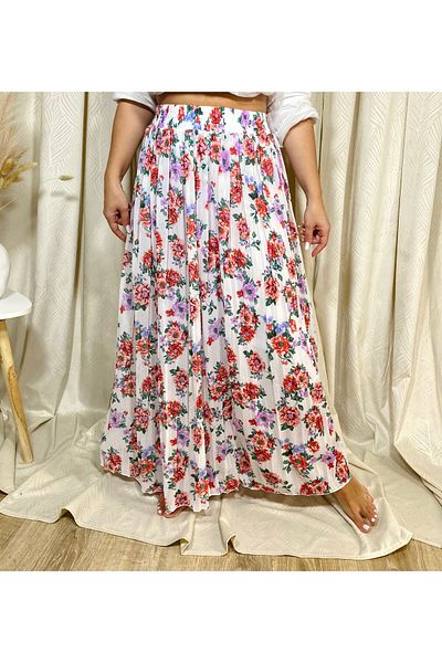 Intisimo Pleated Skirt, Flowy, Floral Print, White/Red