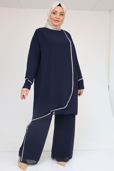 Eslina 47064 Plus Size Stone Print Detail Sandy Chiffon Pants Suit - Navy Blue
