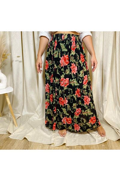 Intisimo Pleated Skirt, Flowy, Floral Print, Black/Red