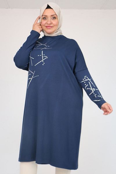 Eslina 58080 Large Size Low Sleeve Stone Detailed Combed Cotton Tunic - Navy Blue