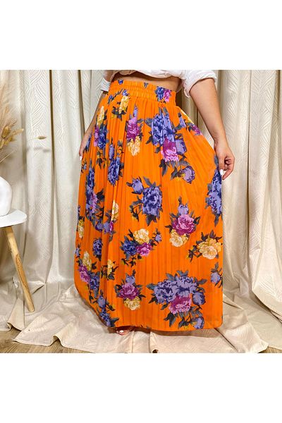Intisimo Pleated Skirt, Flowy, Floral Print, Orange