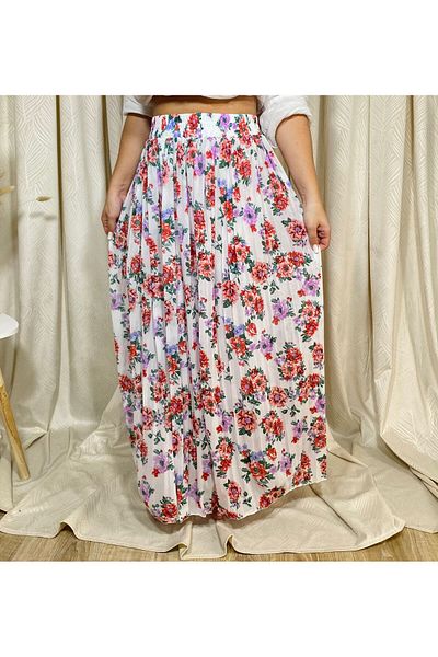 Intisimo Pleated Skirt, Flowy, Floral Print, White/Red