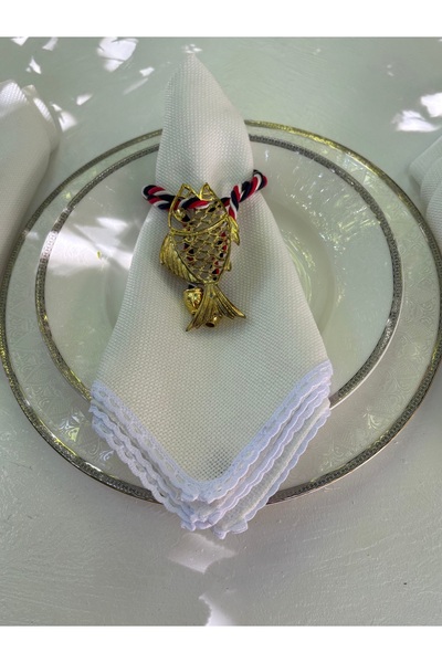 YASTIKMİNDER 6 Ad.keten Beyaz Dantelli Peçete, 6 Ad.metal Balıklı Halat Peçet...