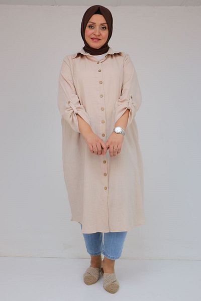 Eslina 48058 Large Size Buttoned Muslin Shirt - Beige