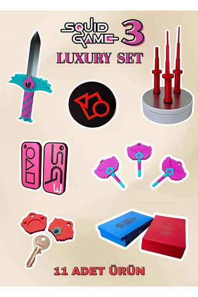 You Toys Squid Game 3 Luxury Set - Knife Figure + 3 Keys + Box + 3 Swords + Box + Charm + Cup Holder + Case