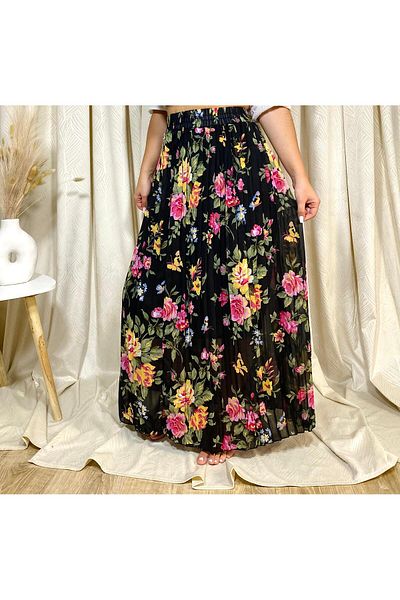 Intisimo Pleated Skirt, Flowy, Floral Print, Black/Pink