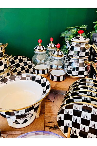 CASA DE BELLA Enamel Checkerboard Patterned 17 Piece Tea Cake Pot Teapot Kitchen Set