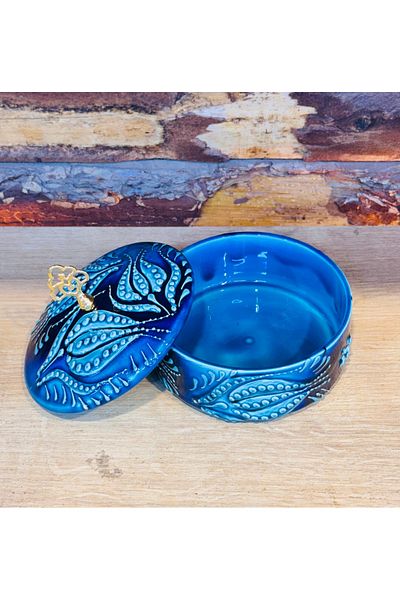 ATÖLYE SAİT Handmade Ceramic Blue Sugar Bowl with Lid |   Decorative and Stylish Design