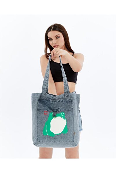 S-Ponder حقيبة يد وكتف من القماش مصنوعة من القطن بنسبة 100% مطبوعة على شكل ضفدع