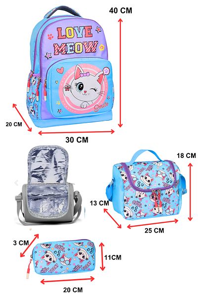 Little Jom 3-Piece Primary School Girl Bag Set, School Bag + Lunch + Pen Holder