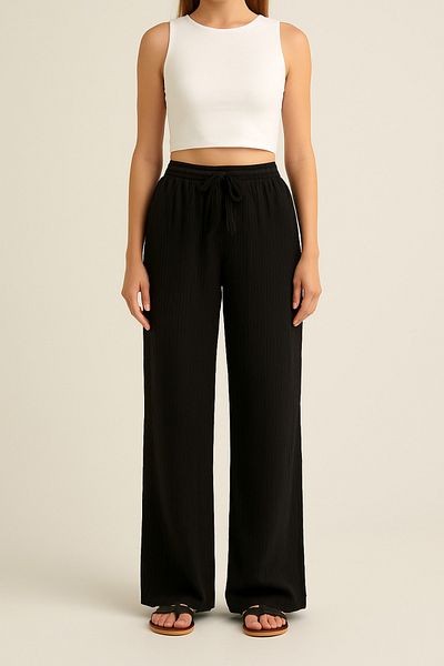 FV Muslin Summer High Waist Pocket Lace up Wide Leg Women's Trousers