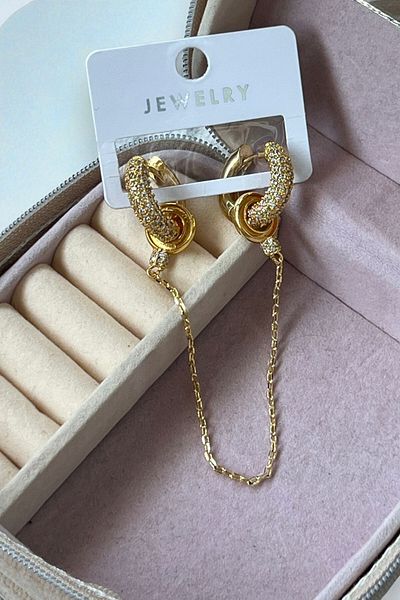 MUTENA Gold Hoop Earrings with Double Stone Removable Chain Detail