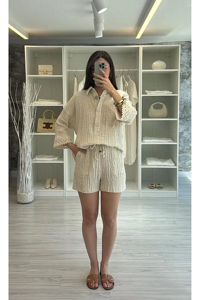 Lady Pixie Women's Muslin Lace Detailed Shirt Shorts Set