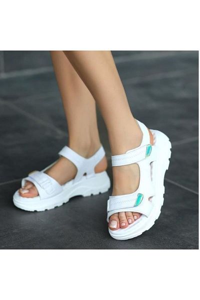 Demashoes White Velcro Flat Sole Orthopedic Daily Sandals