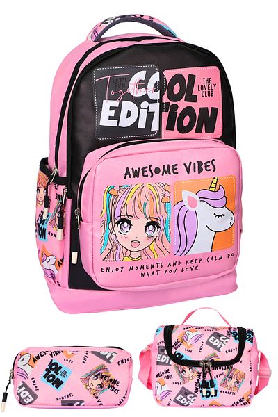 Little Jom 3-Piece Primary School Girl Bag Set, School Bag + Lunch + Pen Holder