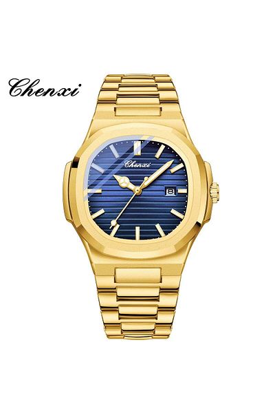 Generic Chic Luminous Waterproof Quartz Couples Watches with Date Gold Shell Blue Steel Belt Men's Style
