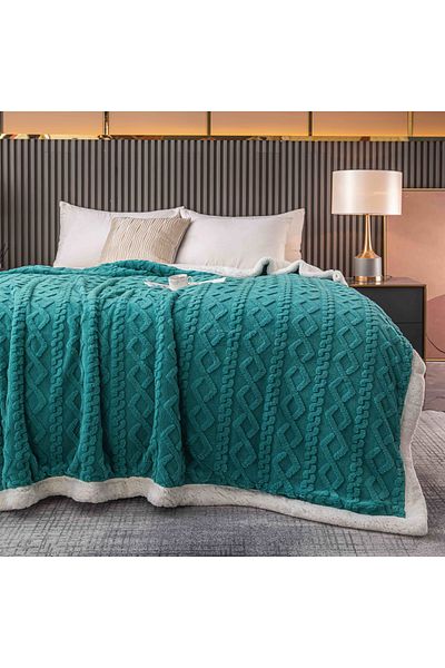 FIONNA.RO Cocolino Knitted Print Blanket With Fur - Emerald Green