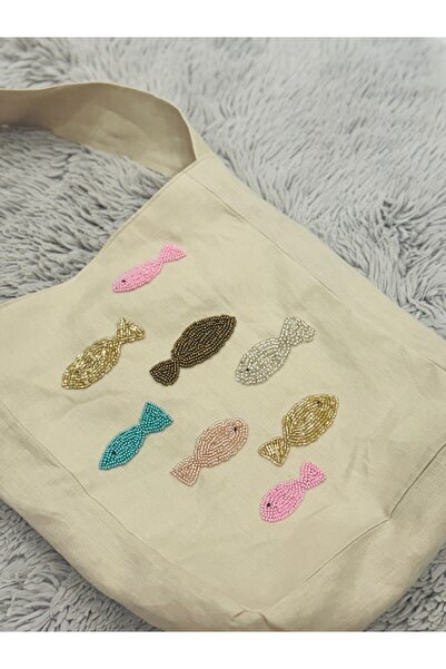Tiny Boncuk işlemeli keten kol çantası