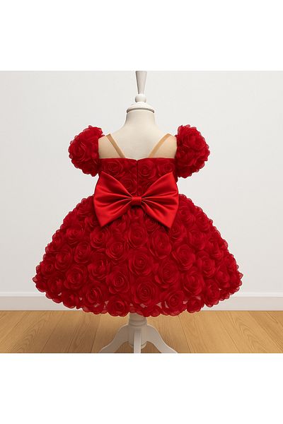 MUSGEM Special Design Rose Flower Detailed Red Color Girl's Evening Dress
