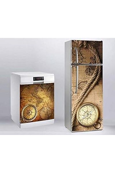Mu Art Ahşap Refrigerator and Dishwasher White Goods Sticker Covering Map Clock