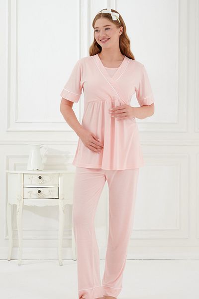 Emose 3-Piece Maternity Pajama Set with Lace and Morning Dress