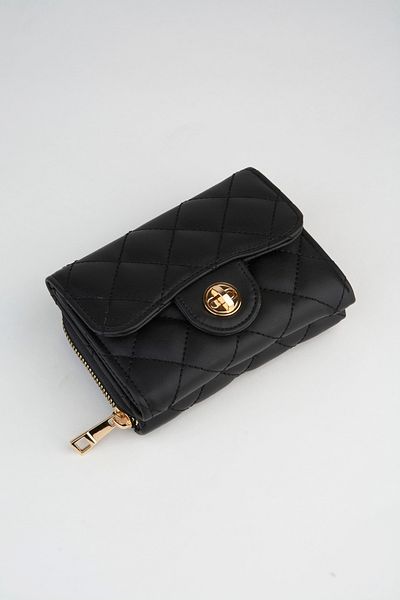 Vivaq Women's Black Small Size Quilted Zippered and Flip Lock Closure Faux Leather Wallet