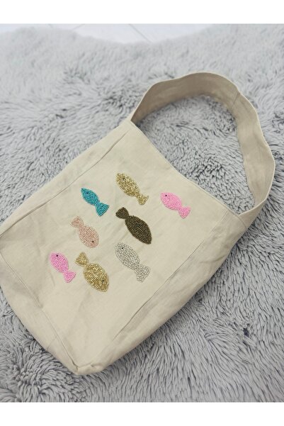 Tiny Boncuk işlemeli keten kol çantası