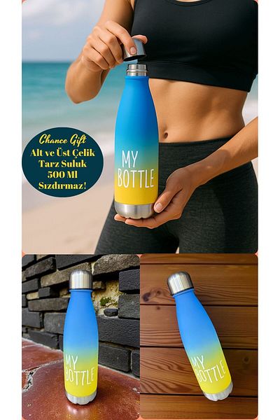 İNTER LİFE Colorful Adult Motivational Water Bottle Water Bottle 700 ml Large Size Non-Spillable Durable Steel Bottom-Top