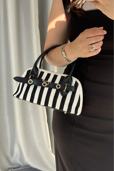 LEONAS Belt Detailed Crossbody Women's Hand and Shoulder Bag Zerith Black Striped