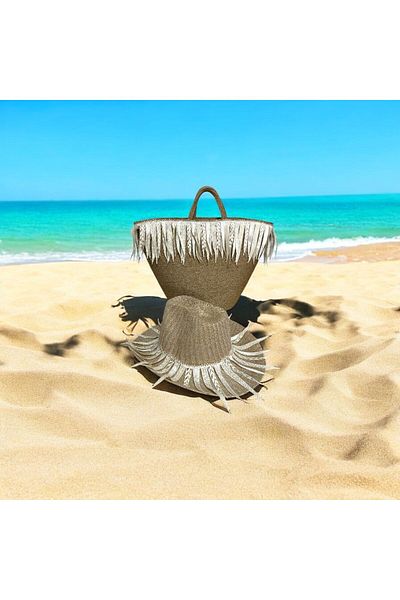 AYŞE SERHOŞOĞLU HOME DESİGN Straw Bag, Beach Bag and Hat Set of 2, Handmade Beach Bag and Beach Hat, Ecru Tassels