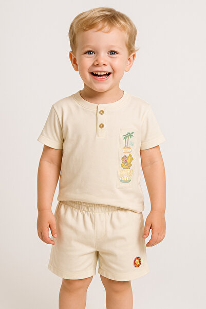 BABİDO Boy's Summer Suit 3/6 Years. Button Printed T-Shirt and Comfortable Shorts