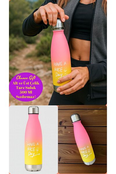 İNTER LİFE Colorful Adult Motivational Water Bottle Water Bottle 700 ml Large Size Non-Spillable Durable Steel Bottom-Top