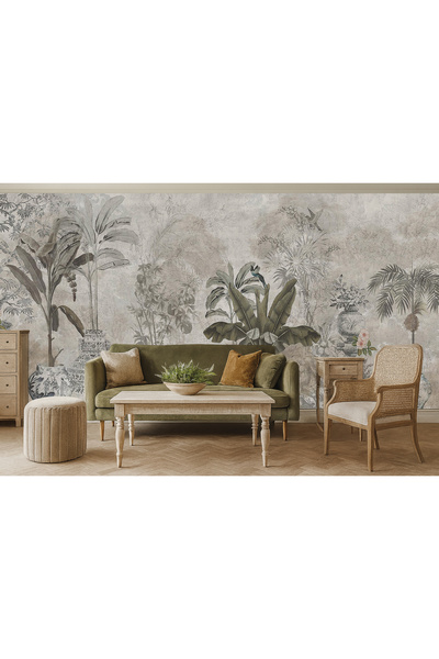 Tasarım Tropikal Vazolu Yaprak Duvar Posteri | Gri Tonlarda Modern ve Şık Yat...