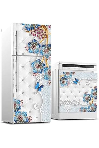 Mu Art Ahşap Refrigerator and Dishwasher White Goods Sticker Covering Flooring Blue Flower