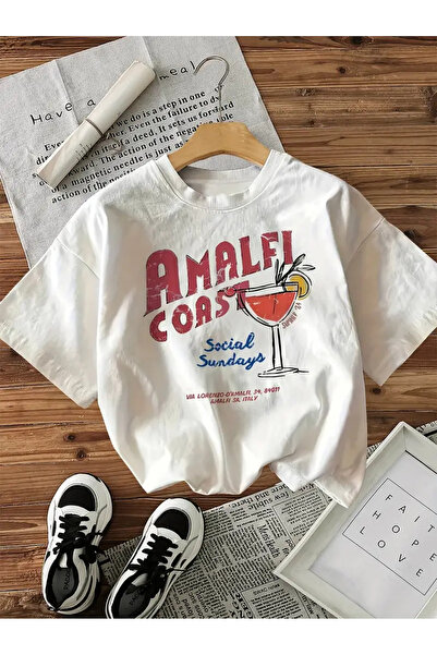 AEMİ تي شيرت برقبة دائرية كبيرة الحجم مطبوع عليه ساحل أمالفي للجنسين