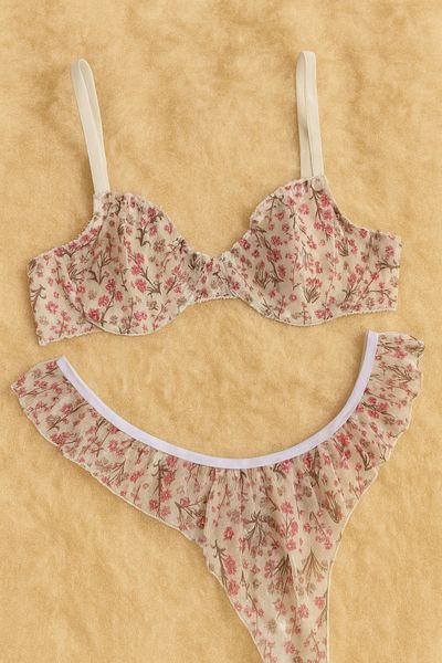Loule Lenjerie de damă din tul cu volan Set de lenjerie cu model floral LL.S01.FF.001